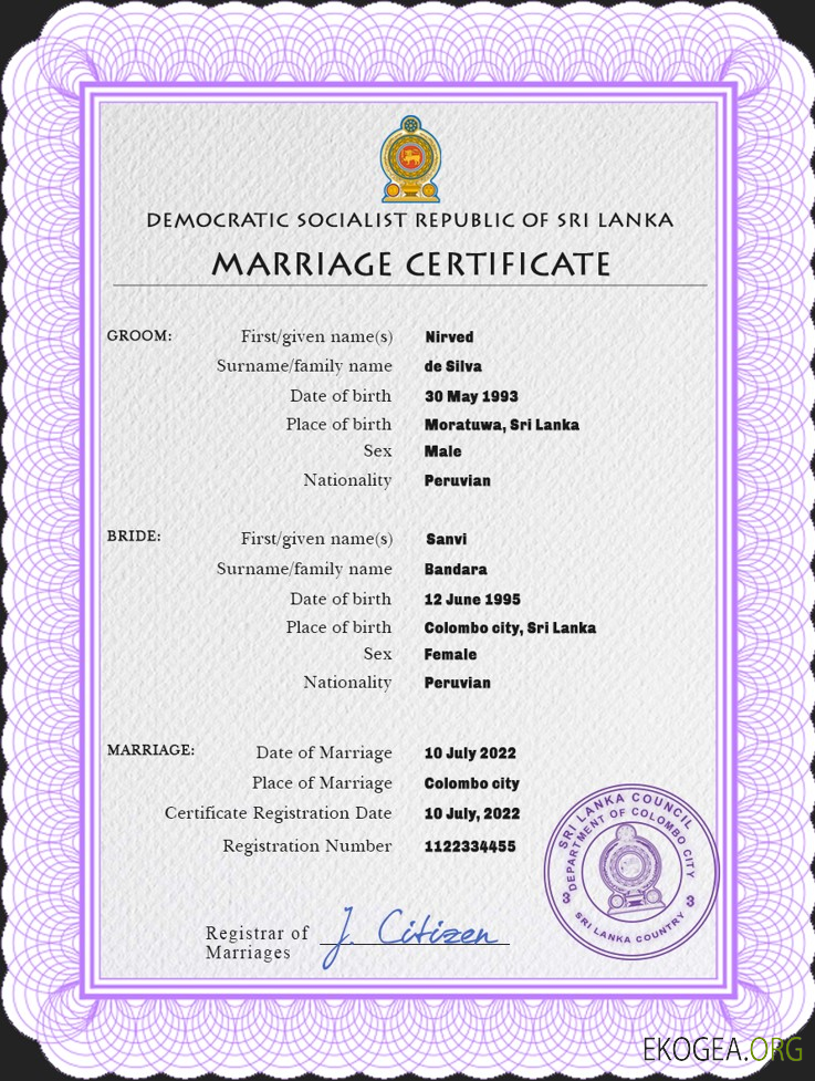 Modèle PSD de certificat de mariage au Sri Lanka